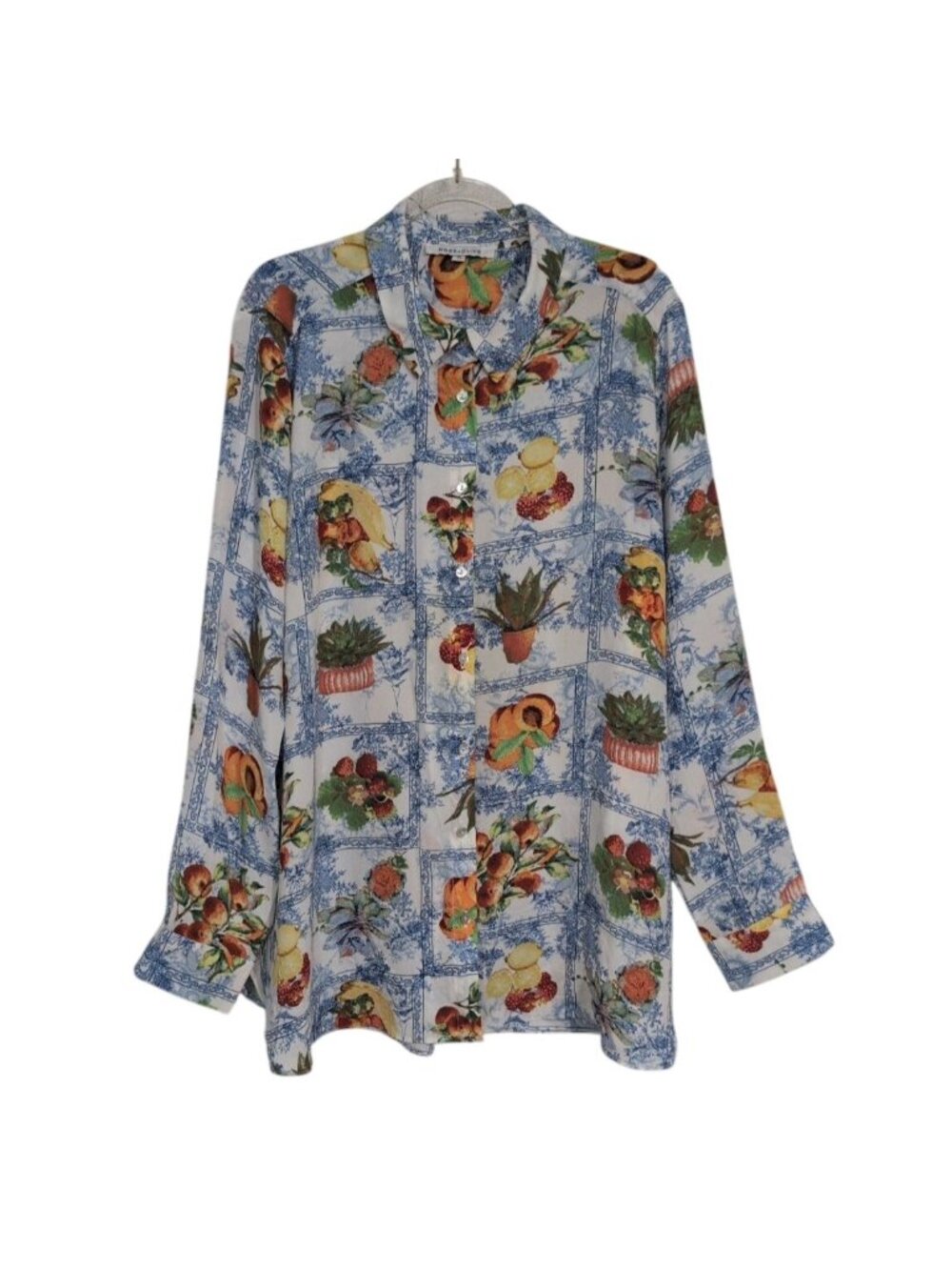 Rose & Olive Floral Fruit Shirt Womens Size XL Blue Patchwork Camp 3/4 Sleeves